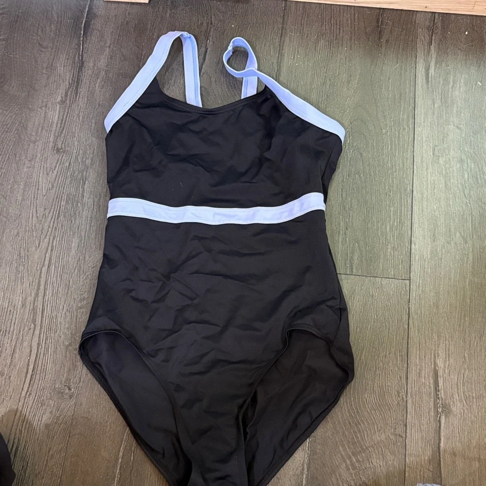 Balera Black One-Piece Leotard with Light Blue Trim Strappy back adult small - Picture 1 of 5